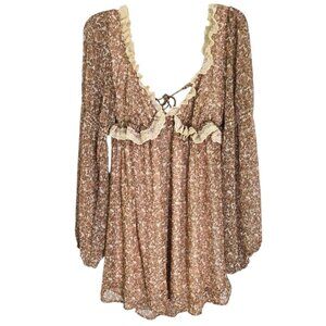 Free People Womens Beige Pennie Floral Ruffle Long Sleeve Mini Dress Size S